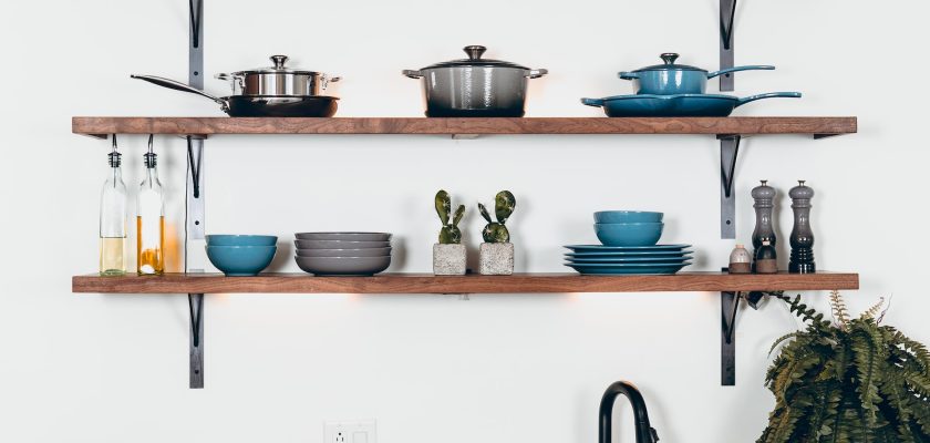 cookware set on floating shelves